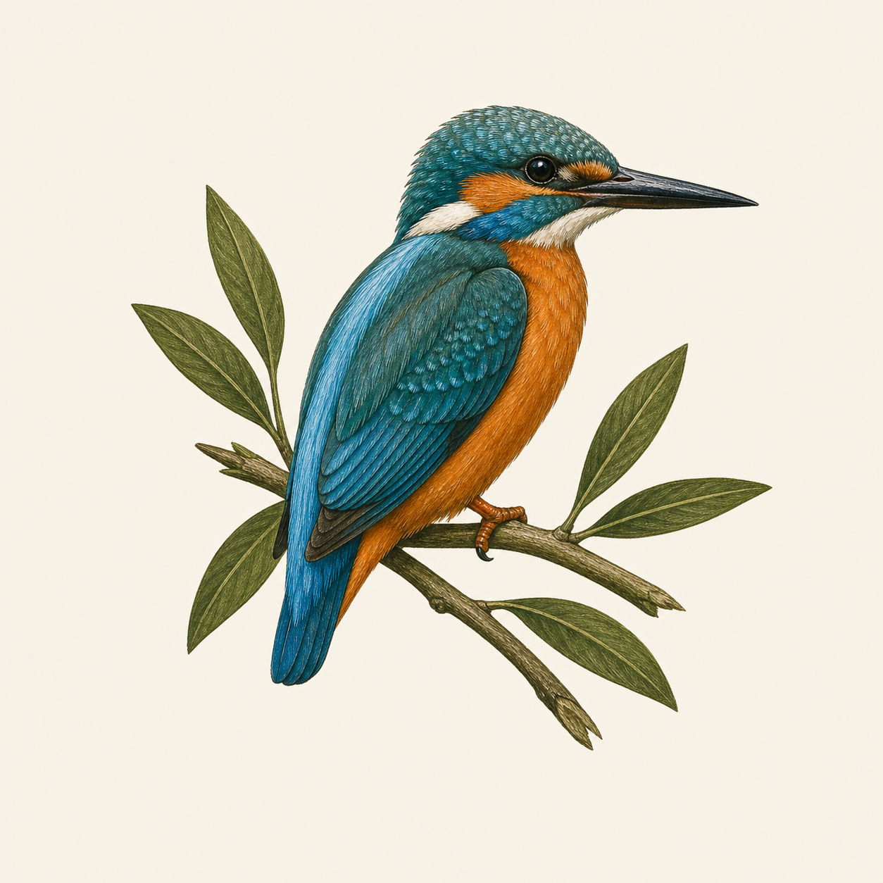 Illustrated kingfisher on a leafy branch